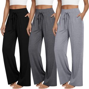 3 Pack Women's Lounge Pants Wide Leg Yoga Pants Loose Drawstring High Waisted Pajama Bottoms with Pockets (X-Large, Black, Dark Heather Gray, Light Heather Gray)