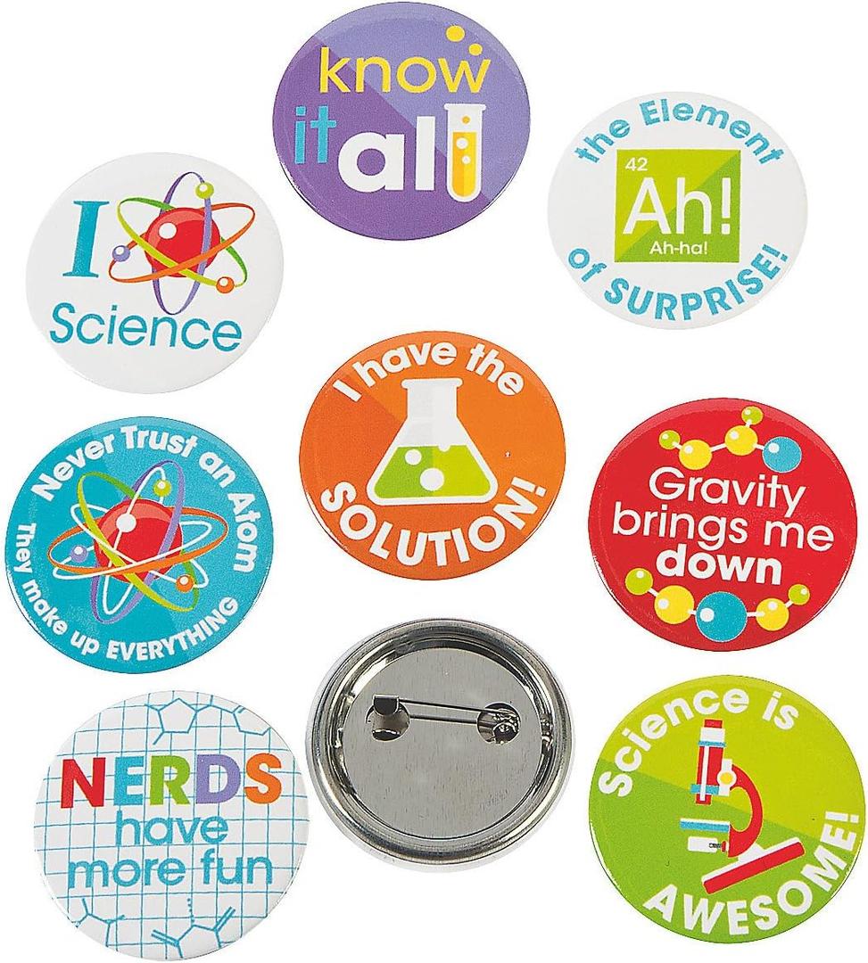 Fun Express Science Party Mini Buttons Set - Fun Science-Themed Party Favors & Classroom Supplies for Kids - Perfect for Science Parties Educational Events and Teacher Rewards - 1.5" Size -48 Pieces