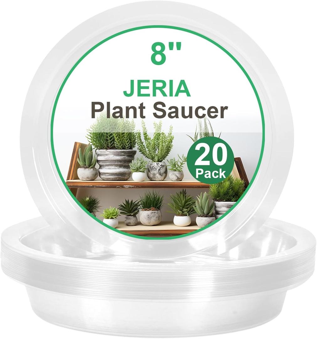JERIA 8 Inch 20 Pack Clear Plant Saucers,Plastic Flower Pot Trays,Round Durable Plant Drip Trays for Indoor and Outdoor