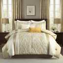 Bedduvit Luxury 7 Piece Bed in Bag, Vintage Damask Jacquard Thick King Comforter Set, Luxurious Genuine Patchwork Design All Season Bedding Set with Bed Skirt, Decor Pillows, Shams, Gold/Beige/Cream