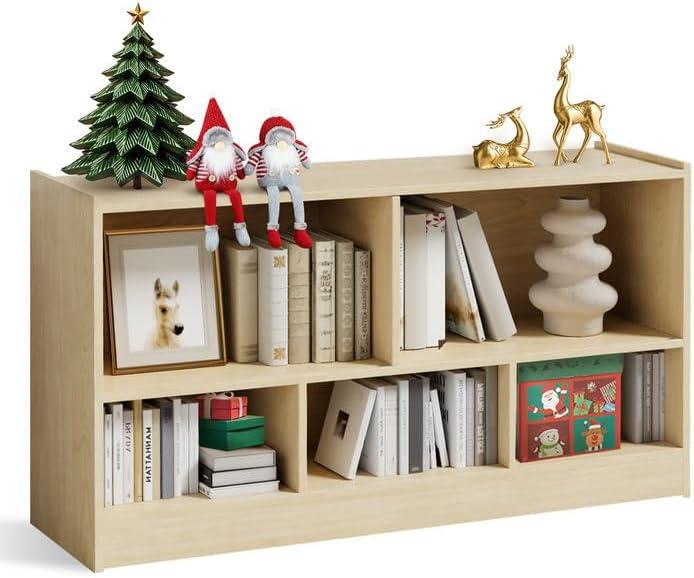 Wooden 3 Tier Storage Organizer and Montessori Shelf, 5-Section Kids Bookshelf With Blackboard for Toy Storage, Shelf for Kids Room, Playroom, Nursery