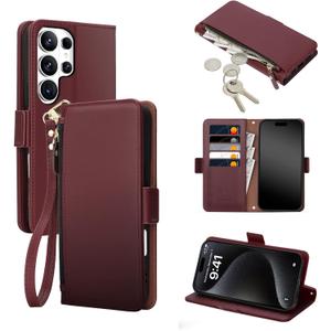 COBEAR for Samsung Galaxy S26 Ultra Case Wallet, Pu Leather Flip Phone Case with Wrist Strap, Zipper Pocket, Kickstand, Women Men Phone Wallet Case with Card Holder for Samsumg S26 Ultra,Wine Red