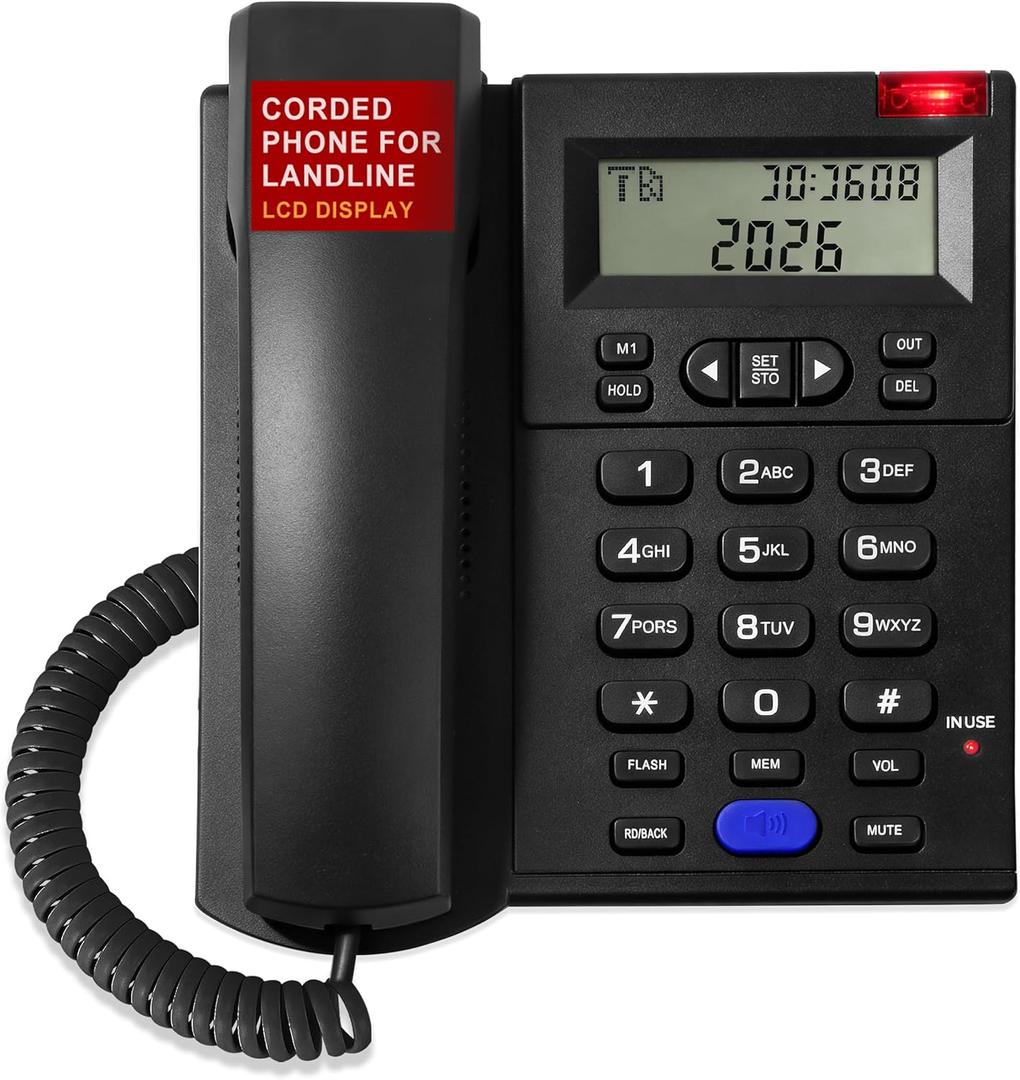 Uvital Corded Phone for Landline, Black Telephone Landline Phones, Desktop Telephone for Home/Office/Hotel with LCD Display Caller ID-Ringer Volume Hands Free, Easy-to-Use