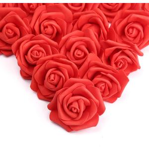IPOPU 100 Pcs Artificial Flowers Roses Flower Heads Coral Red Foam Fake Roses for DIY Craft Wedding Centerpieces Arrangements Party Baby Shower Cake Decor Home Decorations (Red, Stemless)