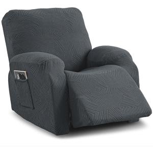 Recliner Chair Covers,4-Piece Stretch Geometric Strokes Jacquard Reclining Chair Slipcovers,Furniture Protector with Side Pocket,Soft Breathable Couch Cover Pet-Friendly,1 Seater Dark Gray