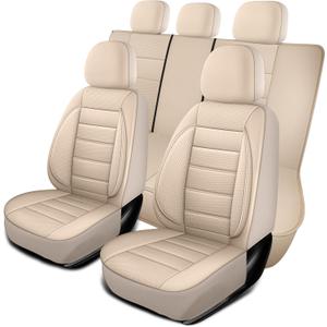 Leather Seat Covers Full Set Universal Water Resistant 3D Foam Back Support, Luxury Comfort Automotive 5 Seat Covers All Season Fit for SUV, Sedan, Van, Airbag Compatible Elegance (Beige)