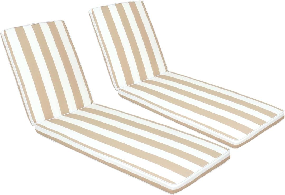 Chaise Lounge Cushions Outdoor, Waterproof & Fade-Resistant Lounger Cushions for Patio Furniture, Pool, Lawn - 74'' x 22'' x 3'', Set of 2 (Beige White Striped)