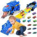 Dinosaur Car Toy with 12 Alloy Cars,45 inch Foldable Track & Launch Button for Two-Player Racing,Transforms into Dino & Swallow System,Ideal Xmas Birthday Gift for Boys Girls Ages 3-12 (Blue)