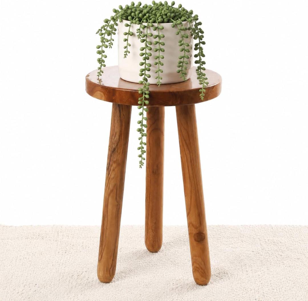 Teak Wood Plant Stand, 18" Round Side Table, Wood Accent Table