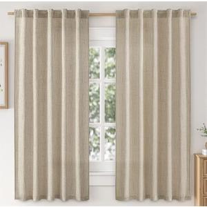 MIULEE Faux Linen Curtains 63 Inch Length 2 Panels Natural Burlywood Birch Semi Sheer Curtain with Back Tab Rod Pocket, Light Filtering Window Privacy Burlap Drapes for Living Room Bedroom 42W x 63L
