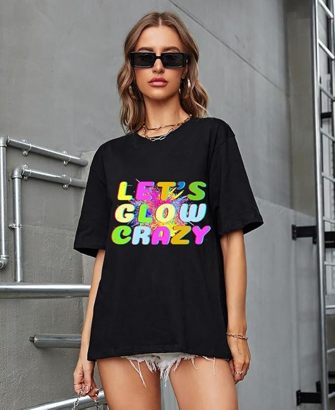 Let's Glow Crazy T-Shirt for Women 80 90's Vintage Shirt Graphic Top （Print Letters Don't Glow S