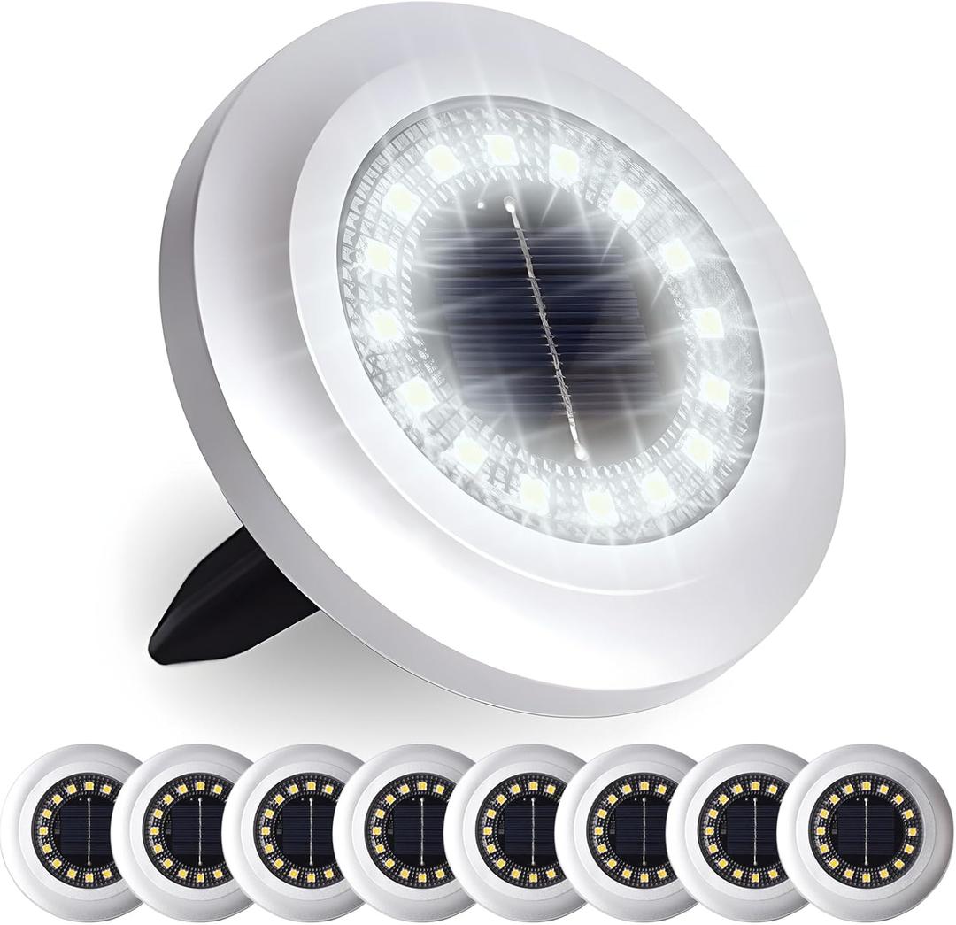 Solar Ground Light 8 Packs, Upgraded 16-LEDs Solar Outdoor Light for Patio, Mower-Friendly Withstand 200lbs Solar Powered Lights, IP66 Waterproof & Reusable Spike, Cool White
