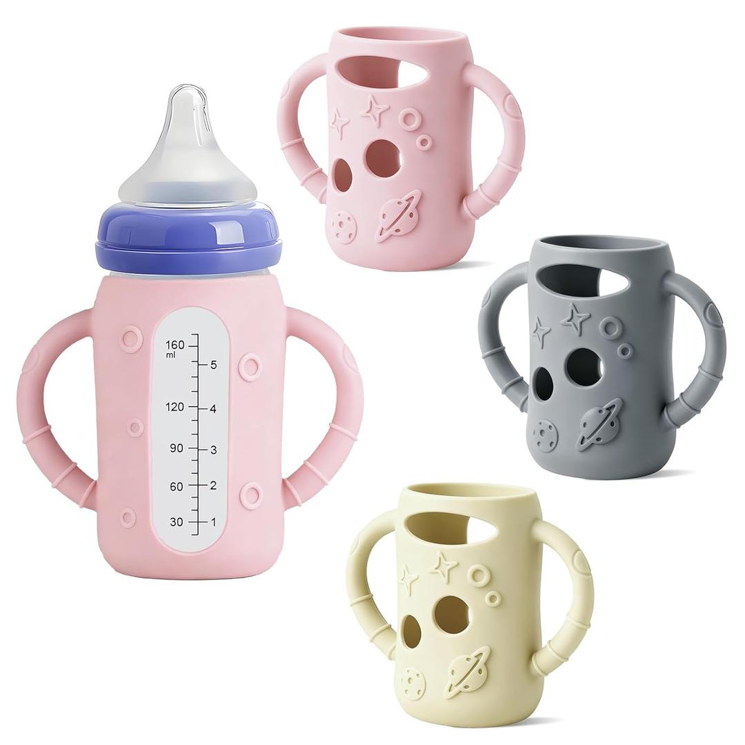 Lionpower 3 Pack Silicone Sleeves for Lansinoh Glass Bottles (Old Style) 5oz Protective Covers with Handle, Non-Slip Baby Bottle Holder, Compatible with Lansinoh Bottles (Grey+Pink+Beige(5OZ)