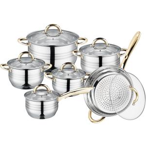 Royalty Line 1231G Saucepan Set 12 Pieces - Pots Set Suitable for Induction - Cooking Pot Set & Pans - Stainless Steel Pan Set Pot Set Glass Lid Suitable for All Hobs - Gold handles