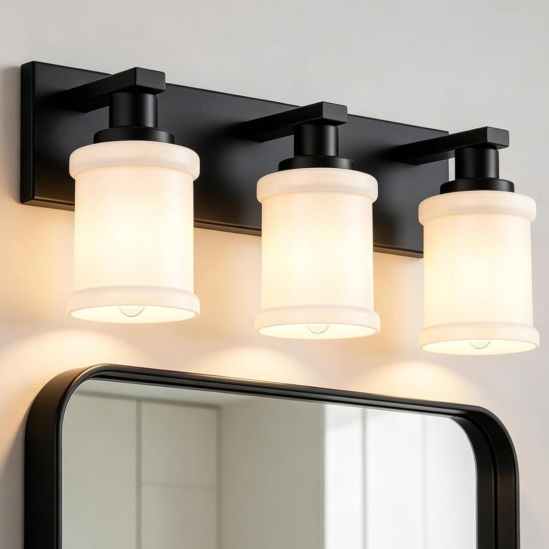3-Light Black Bathroom Light Fixture with Milk White Glass Shade, Modern Vanity Lighting Over Mirror for Bedroom Living Room Hallway, E26 Bulb Base