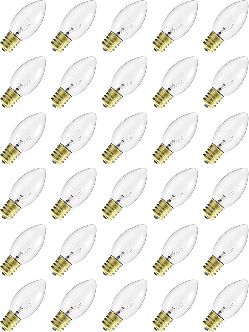30-Pack C9 Incandescent Replacement Bulbs (Classic Glass), Bright Clear Christmas Light Bulbs for Outdoor Roofline & Patios, E17 Base, 7 Watt