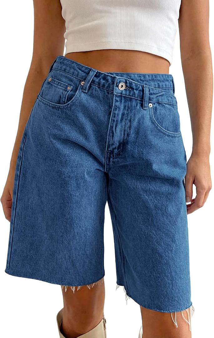 PLNOTME Womens Crossover Denim Shorts Summer Asymmetrical High Waisted Straight Leg Jean Shorts (Blue, M)