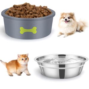 Cat Food and Water Bowls, Stainless Steel Cat Bowls for Small Dogs & Cats, Rust Resistant Stainless Steel, Detachable Durable Silicon Bowl Holder (Gray)