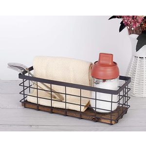 TIEYIPIN Small Metal Wire Storage Basket, Detachable Wood Base Storage Organizer Bin Basket for Kitchen Cabinets, Bathroom, Pantry, Garage, Laundry Room - Brown 