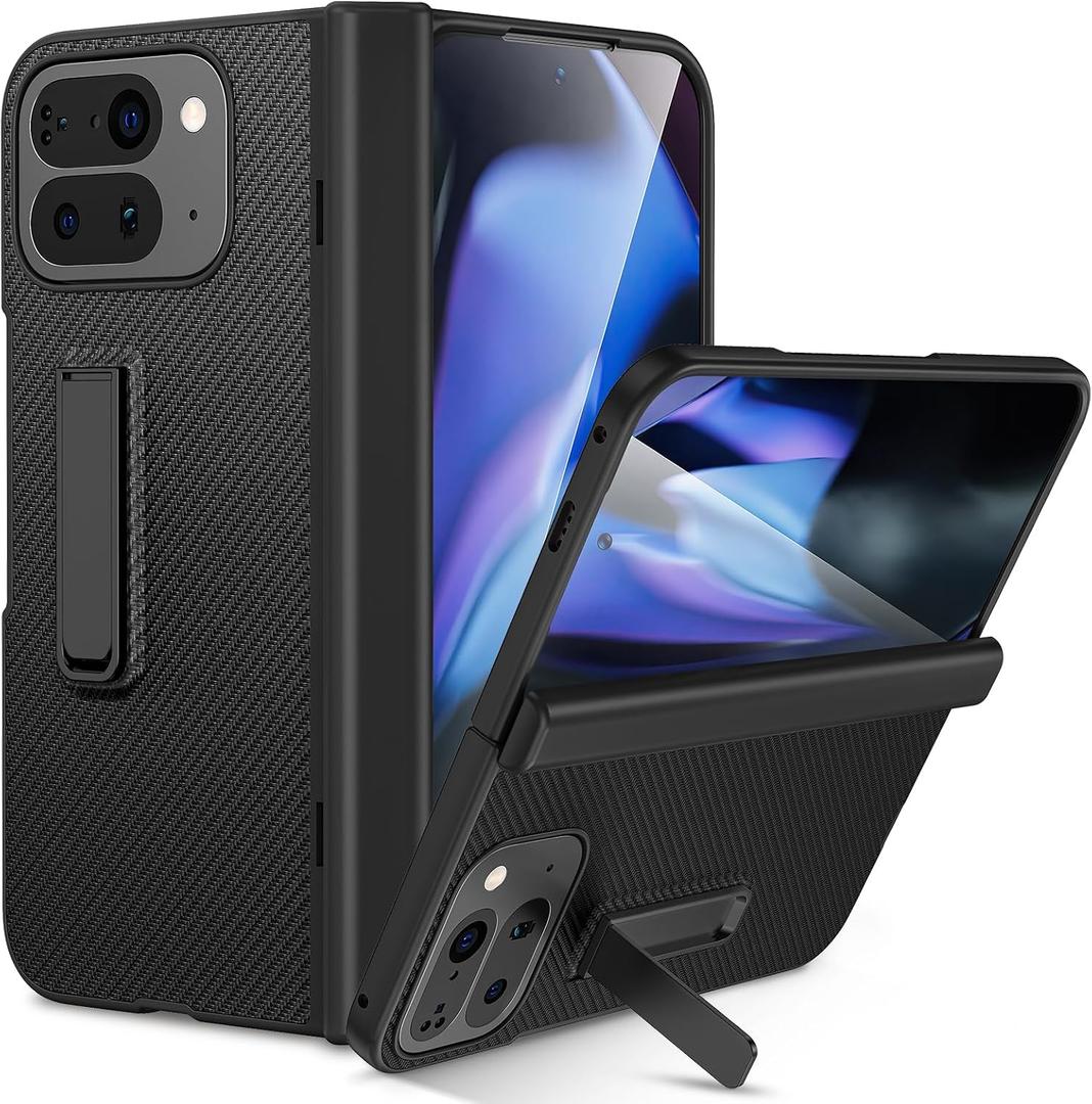 Ruky for Google Pixel 10 Pro Fold Case with Hinge Protection, Full Body Case with Built-in Kickstand & Screen Protector PU Leather Protective Phone Case for Pixel 10 Pro Fold, Carbon Fiber