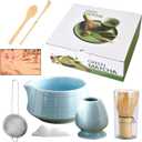 Matcha Whisk Set,Includes Ceramic Matcha Bowl, Bamboo Matcha Whisk and Holder, Bamboo Scoop and Spoon, Scoop Rest, Sifter and Tea Towel,Traditional Japanese Matcha Tea Ceremony Set Gift(Blue)