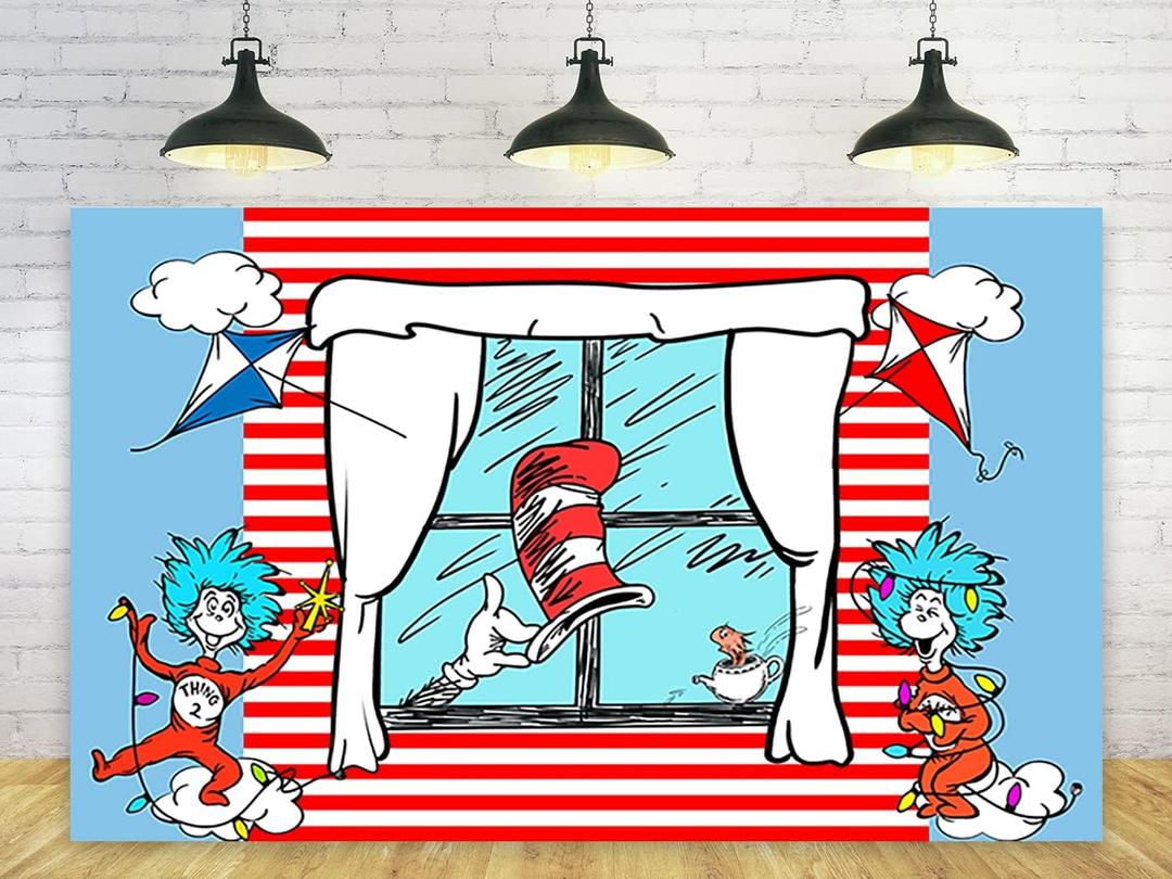 Red and Blue Stripes Backdrop Party Supplies Birthday Theme Photo Background Cat in The Hat Banner for Birthday Party Caketable Decoration 5x3ft