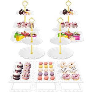 Hoedia 10 Pcs Cake Stand, Plastic Dessert Table Display Set, 4 Pcs 3 Tier Cupcake Stand Tower Holder and 6 Pcs Serving Tray for Tea Party Baby Shower Decorations