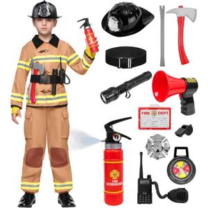 Spooktacular Creations Halloween 14PCS Firefighter Costume for Kids, Boys Fireman Costume with Toys Set for Toddler RolePlay (Brown)