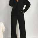 Lounge Sets for Women 2 Piece Outfits V Neck Button Sweatshirt Wide Leg Pants Matching Set Sweatsuits (X-Large, Black)