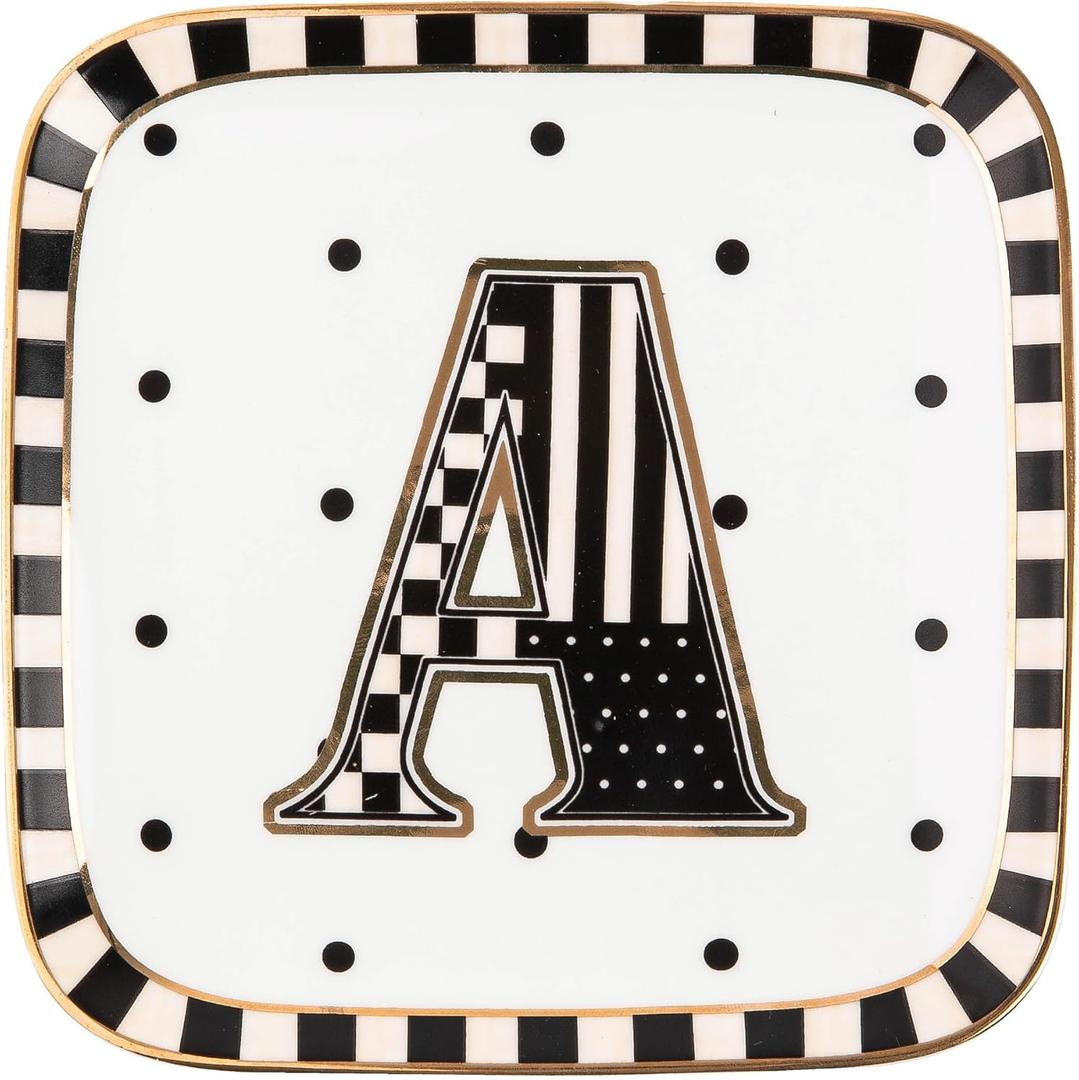 MACKENZIE-CHILDS Monogram Dish, Decorative Ceramic Letter Plate, 5 3/4" Square, A