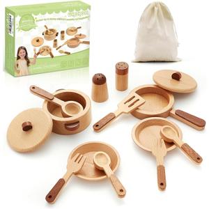 WHOHOLL Wooden Play Kitchen Accessories, Pretend Toys Pots and Pans Cooking Set for Toddlers 3 4 5 6, Kids Kitchen Playset with Plates and Dishes, Christmas Birthday Gifts for Girls Boys (Small)