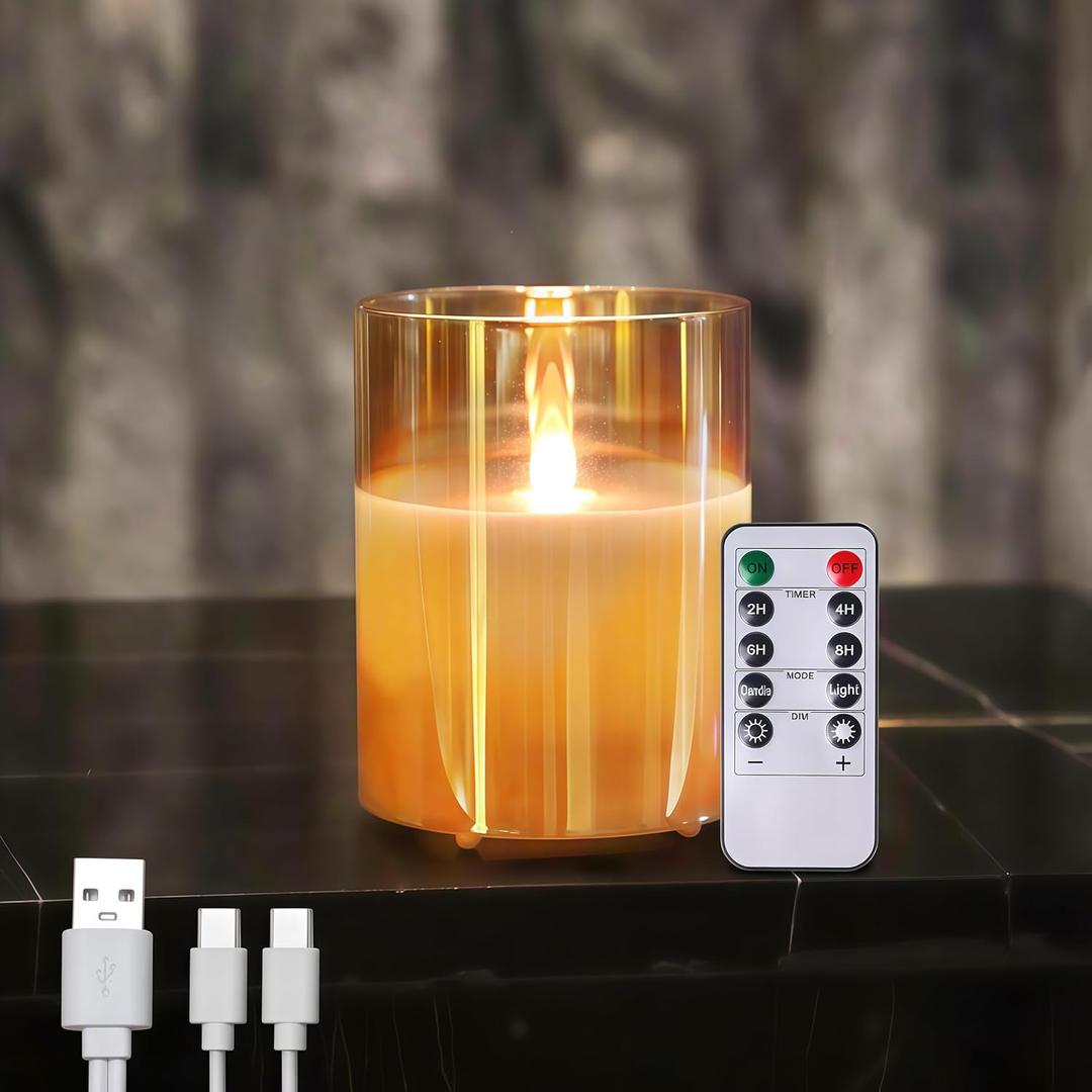 Rechargeable Flameless Candles Type-c Rechargeable Battery Candle with Remote Control and Timer Function Real Wax Warm Color Moving Flame for Halloween Christmas Festival Wedding Home Party 200 Hours
