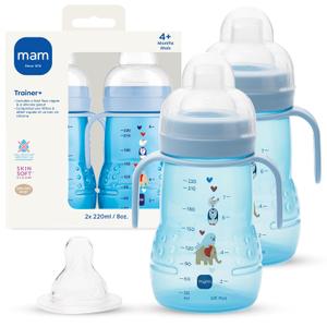 MAM 8 oz Trainer + Sippy Cup 2-Pack, 4+ Months 2-in-1 Baby Training Cup with Nipple & Silicone Spout, Spill Proof, BPA Free, Dishwasher Safe, Made In Europe