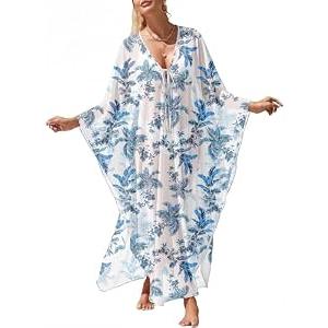 ANRABESS Women Kaftan Moo Moos Dresses Floral Batwing Sleeve V Neck Beach Swimsuit Cover Up Caftan Maxi Dress Blue Leaves Large
