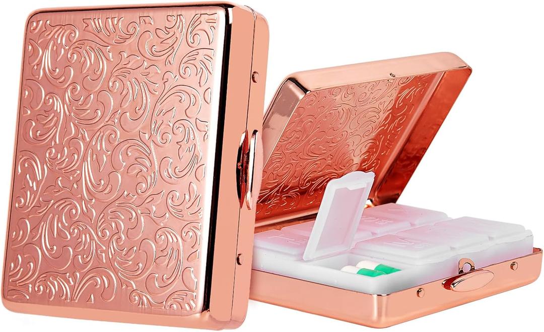 Pill Organizer 7 Days 8 Compartments, Travel Metal Pill Box, BPA-Free Portable Pill Box (Pink, Median)