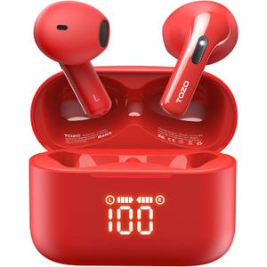TOZO T21 Wireless Earbuds Bluetooth 5.3 in Ear Headphones Dual Mic Call Noise Cancelling IPX8 Waterproof 44H Playback Stereo Sound with LED Display Wireless Charging Case 32 EQs via APP Red