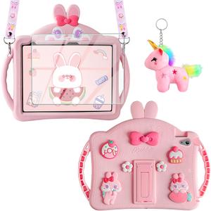 WESADN for iPad 10th Generation Case 10.9 Inch 2022 Kids Girls for iPad A16 Case 11th Gen 11 Inch 2025 with Screen Protector Shoulder Strap Kickstand Keychain Cute Rabbit Silicone Tablet Cover,Pink
