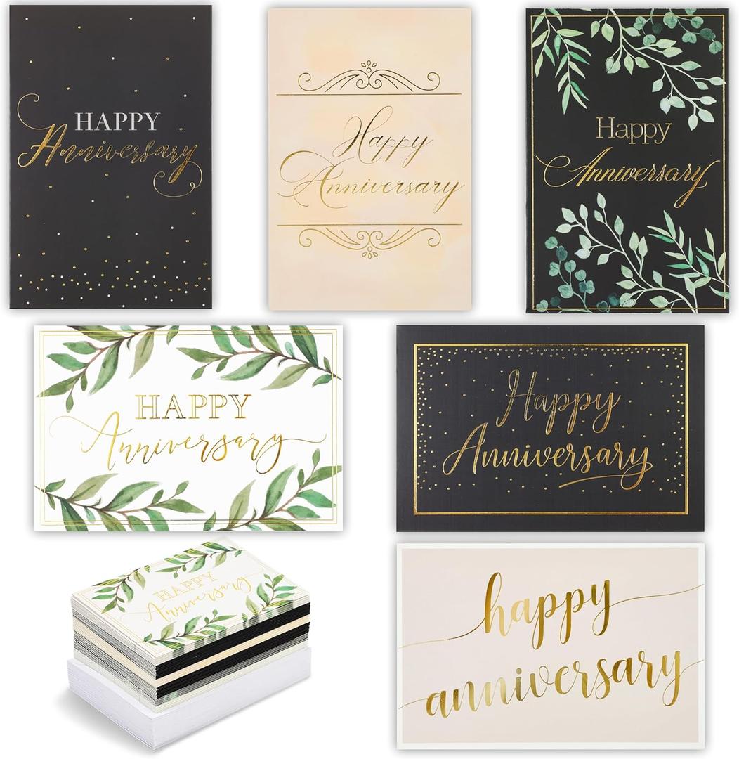 48 Pack Happy Anniversary Cards Bulk with Envelopes for Weddings, Work, Businesses, Gold Foil Designs (4x6 In)