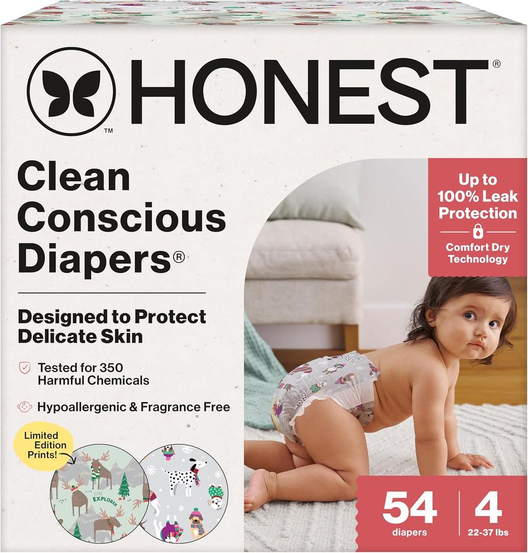 The Honest Company Clean Conscious Diapers for Delicate Skin | Up to 100% Leakproof | Hypoallergenic, Fragrance Free | Winter '25 Limited Edition Prints | Club Box, Size 4 (22-37 lbs), 54 Count (Adorably A-moosing + Winterwear Wags)