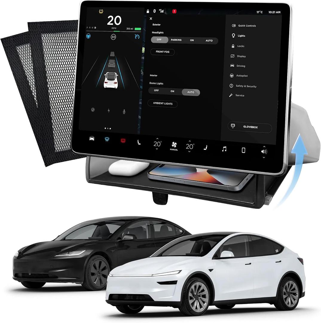 Hidden Under Screen Storage Box for Tesla Model Y(2025-2026) & Model 3 (2024-2026) – Openable Center Console Organizer with Anti-Slip Pad, Tesla Accessories