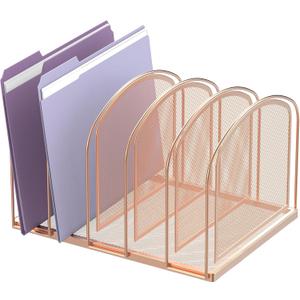 5-Section File Organizer for Desk, Metal File Folder Holder, Rose Gold | 5 Vertical Compartments with Sturdy Metal Base for Office Documents Books Magazines and Laptop