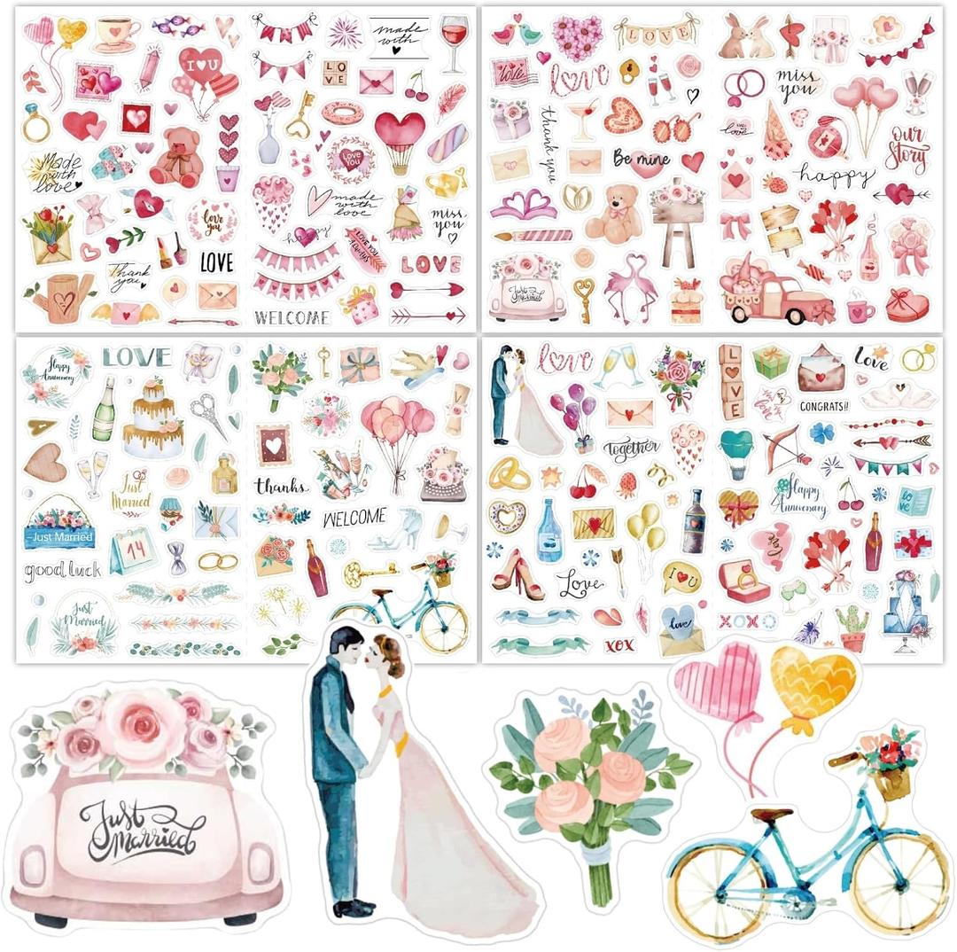 Wedding Stickers for Scrapbooking, 4 Sheets 234 PCS Watercolor Wedding Scrapbook Stickers for Planners, Romantic Scrapbooking Journal Anniversary Bridal Supplies, Self-Adhesive Waterproof