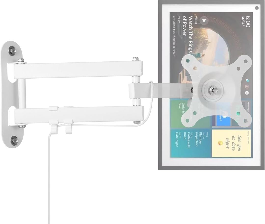 Full Motion Wall Mount for Echo Show 15, Monitor Wall Mounting Bracket for 15-28 Inch Monitors TVs, Swivel and Tilt 360 Rotate Wall Mount for Alexa Echo Show 15, Adjustable and Extendable (White)