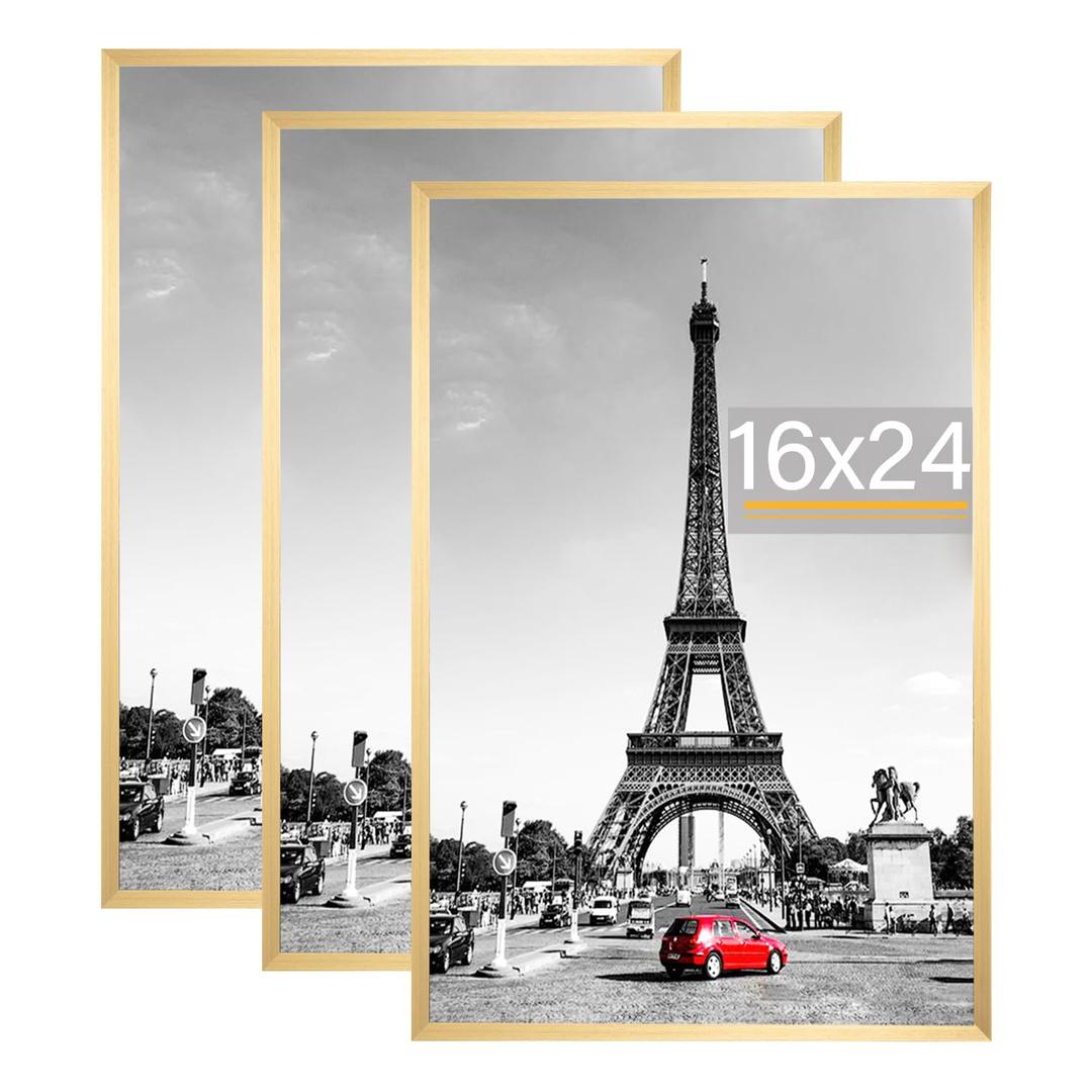 Kennethan Picture Frame, Wall Gallery Poster Frames, Horizontal or Vertical Wall Mounting (Gold, 16x24-3 Pack)