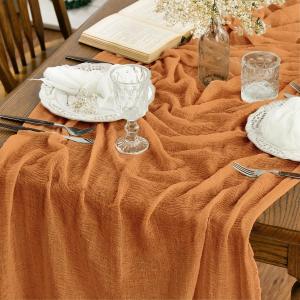 Artoid Mode Boho Cheesecloth Gauze Orange Wedding Table Runner, 35x120 Inch Seasonal Fall Thanksgiving Fabric Kitchen Dining Holiday Table Decor for Home Party Indoor