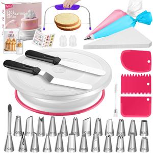 Syntus 65 PCs Cake Decorating Kit with Cake Stand Turntable, Cake Baking Supplies 30+1 Piping Bags, 24 Piping Tips, Offset & Straight Spatulas, 3 Scrapers, Leveler, 2 Couplers & 1 Tips Brush (Rose Pink)