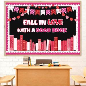 69Pcs Valentine's Day Reading Bulletin Board Decorations, Valentines Library Classroom Bulletin Board Set Heart Book Cutouts Home Window Door Wall February Party Decor for Teacher (Pink)
