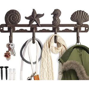Comfify Rust Brown Seashell Cast Iron Wall Hook Rack – 4 Hooks, 13.5"