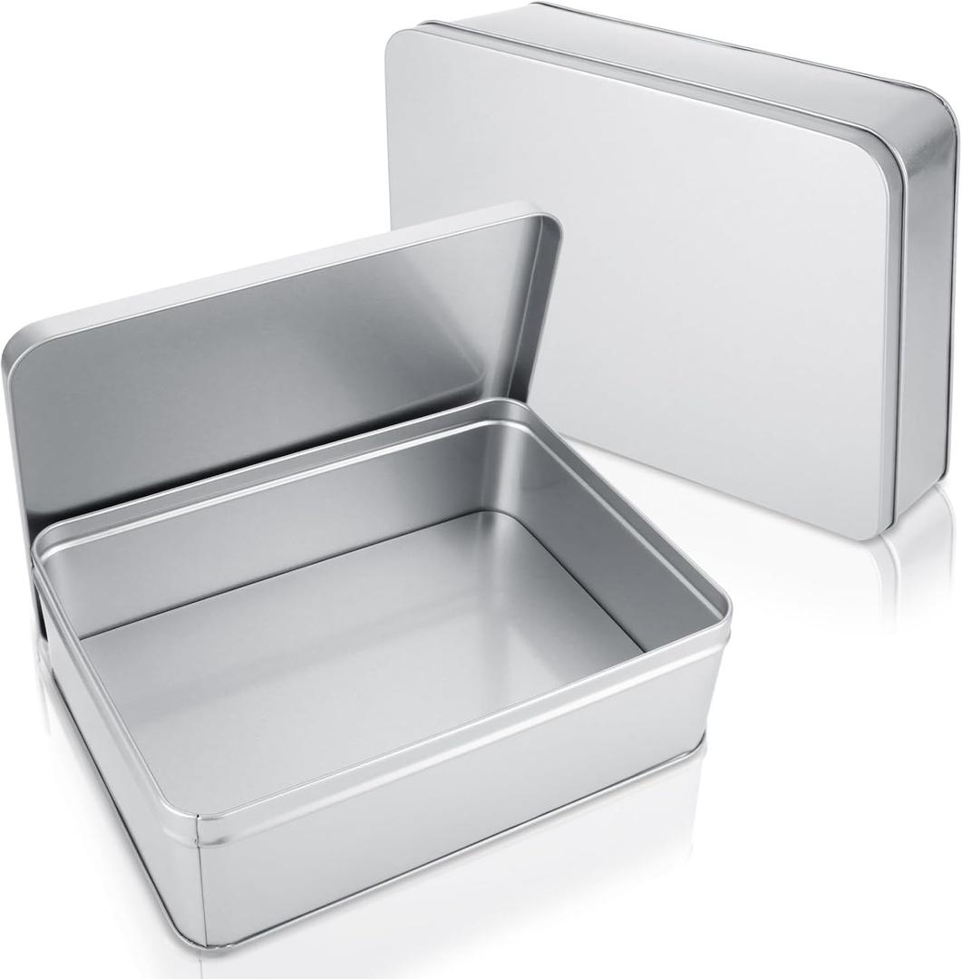 2Pcs Metal Tin Box, 8.6x 6.3x 2.5Rectangular Empty Tin Box Containers with Lids, Large Tinplate Containers for Home Organizer, Gifts, Cookies, Pencil Case, Car Keys, Craft Storage, Silver Tone