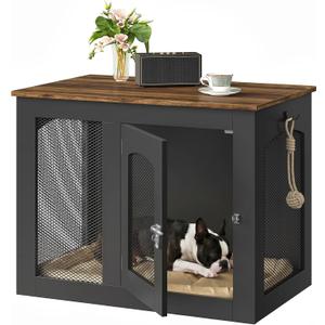 Wooden 30.1" Dog Crate Furniture, Farmhouse Pet Cage End Table with Secure Lock, Ventilated Mesh for Medium Dogs, Dog Kennel Furniture for Living Room, Bedroom, Black and Walnut MGW02BL